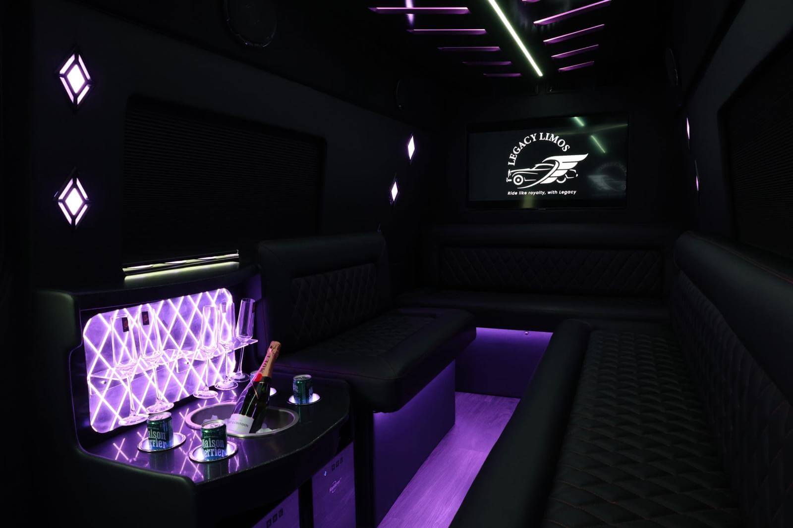 Legacy Limos Sprinter interior — quilted leather, LED lounge lighting and champagne bar (2)