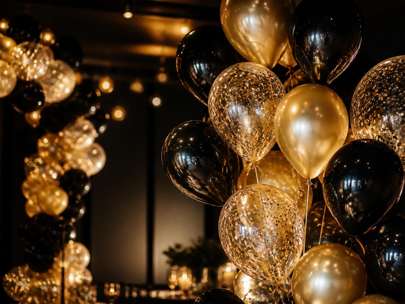 Legacy Limos birthday party bus in the GTA — elegant gold and black balloons in soft, moody celebration light
